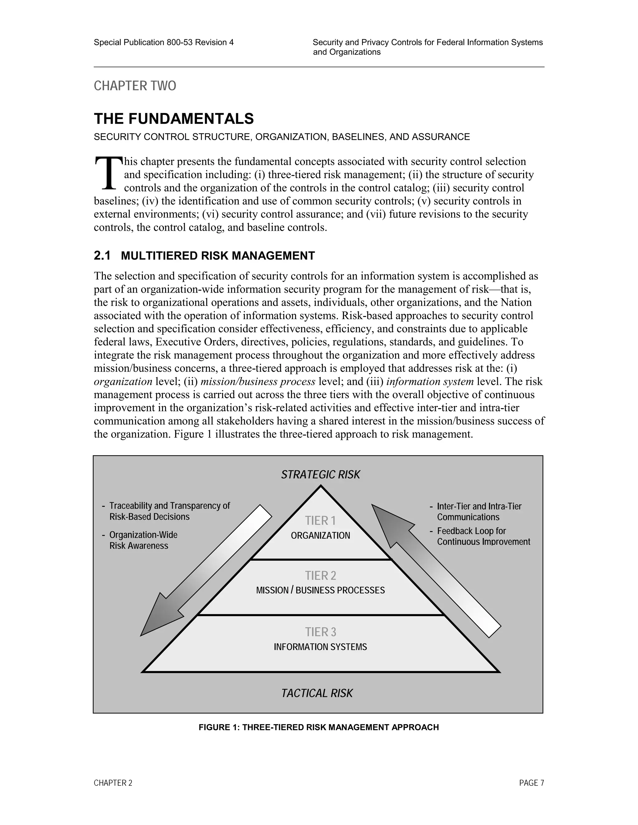 Special Publication 800-53 Revision 4 Security and Privacy Controls for Federal Information Systems
and Organizations
________________________________________________________________________________________________
CHAPTER TWO
THE FUNDAMENTALS
SECURITY CONTROL STRUCTURE, ORGANIZATION, BASELINES, AND ASSURANCE
his chapter presents the fundamental concepts associated with security control selection
and specification including: (i) three-tiered risk management; (ii) the structure of security
controls and the organization of the controls in the control catalog; (iii) security control
baselines; (iv) the identification and use of common security controls; (v) security controls in
external environments; (vi) security control assurance; and (vii) future revisions to the security
controls, the control catalog, and baseline controls.
2.1 MULTITIERED RISK MANAGEMENT
The selection and specification of security controls for an information system is accomplished as
part of an organization-wide information security program for the management of risk—that is,
the risk to organizational operations and assets, individuals, other organizations, and the Nation
associated with the operation of information systems. Risk-based approaches to security control
selection and specification consider effectiveness, efficiency, and constraints due to applicable
federal laws, Executive Orders, directives, policies, regulations, standards, and guidelines. To
integrate the risk management process throughout the organization and more effectively address
mission/business concerns, a three-tiered approach is employed that addresses risk at the: (i)
organization level; (ii) mission/business process level; and (iii) information system level. The risk
management process is carried out across the three tiers with the overall objective of continuous
improvement in the organization’s risk-related activities and effective inter-tier and intra-tier
communication among all stakeholders having a shared interest in the mission/business success of
the organization. Figure 1 illustrates the three-tiered approach to risk management.
FIGURE 1: THREE-TIERED RISK MANAGEMENT APPROACH
T
TIER 1
ORGANIZATION
TIER 2
MISSION / BUSINESS PROCESSES
TIER 3
INFORMATION SYSTEMS
- Inter-Tier and Intra-Tier
Communications
- Feedback Loop for
Continuous Improvement
TACTICAL RISK
STRATEGIC RISK
- Traceability and Transparency of
Risk-Based Decisions
- Organization-Wide
Risk Awareness
CHAPTER 2 PAGE 7
 