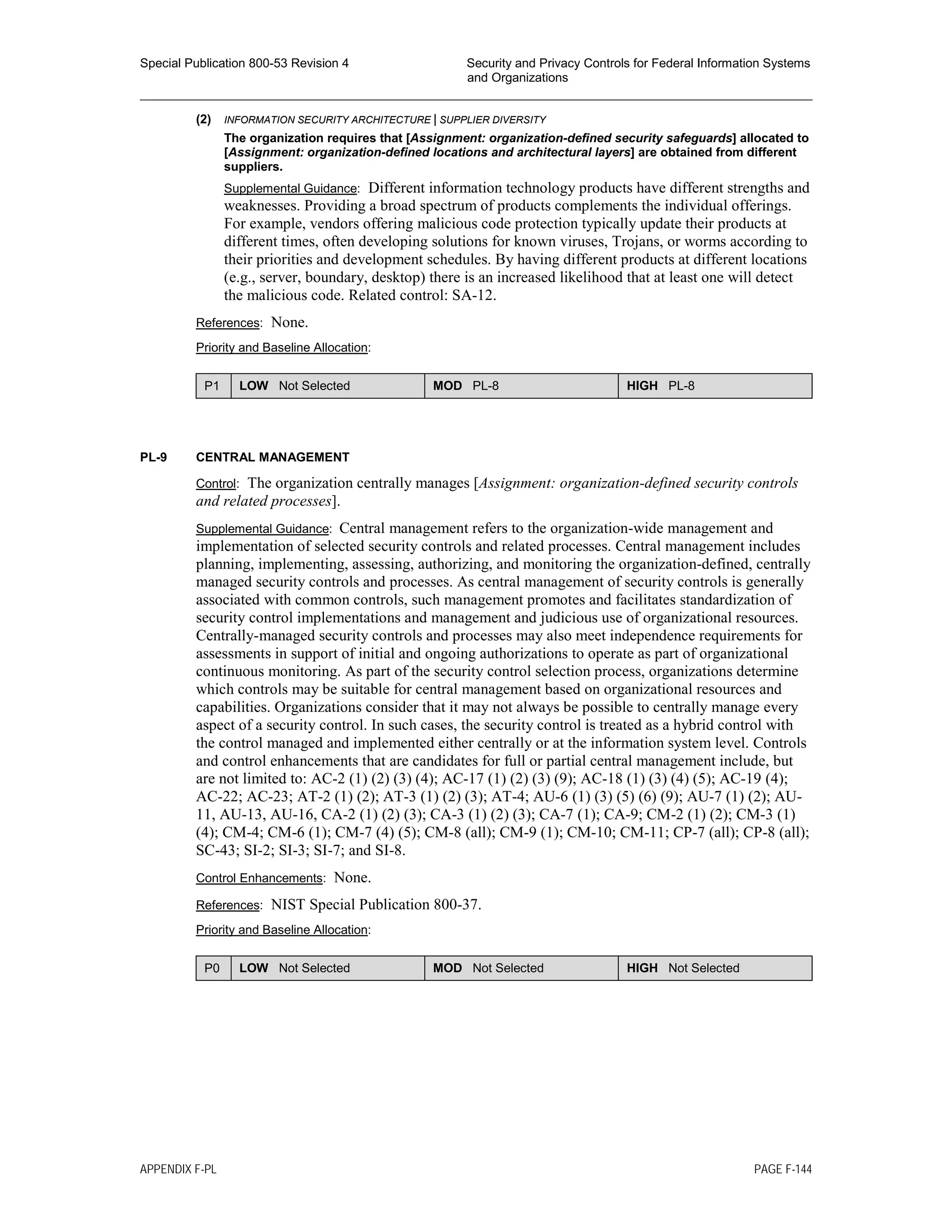 Special Publication 800-53 Revision 4 Security and Privacy Controls for Federal Information Systems
and Organizations
________________________________________________________________________________________________
(2) INFORMATION SECURITY ARCHITECTURE | SUPPLIER DIVERSITY
The organization requires that [Assignment: organization-defined security safeguards] allocated to
[Assignment: organization-defined locations and architectural layers] are obtained from different
suppliers.
Supplemental Guidance: Different information technology products have different strengths and
weaknesses. Providing a broad spectrum of products complements the individual offerings.
For example, vendors offering malicious code protection typically update their products at
different times, often developing solutions for known viruses, Trojans, or worms according to
their priorities and development schedules. By having different products at different locations
(e.g., server, boundary, desktop) there is an increased likelihood that at least one will detect
the malicious code. Related control: SA-12.
References: None.
Priority and Baseline Allocation:
P1 LOW Not Selected MOD PL-8 HIGH PL-8
PL-9 CENTRAL MANAGEMENT
Control: The organization centrally manages [Assignment: organization-defined security controls
and related processes].
Supplemental Guidance: Central management refers to the organization-wide management and
implementation of selected security controls and related processes. Central management includes
planning, implementing, assessing, authorizing, and monitoring the organization-defined, centrally
managed security controls and processes. As central management of security controls is generally
associated with common controls, such management promotes and facilitates standardization of
security control implementations and management and judicious use of organizational resources.
Centrally-managed security controls and processes may also meet independence requirements for
assessments in support of initial and ongoing authorizations to operate as part of organizational
continuous monitoring. As part of the security control selection process, organizations determine
which controls may be suitable for central management based on organizational resources and
capabilities. Organizations consider that it may not always be possible to centrally manage every
aspect of a security control. In such cases, the security control is treated as a hybrid control with
the control managed and implemented either centrally or at the information system level. Controls
and control enhancements that are candidates for full or partial central management include, but
are not limited to: AC-2 (1) (2) (3) (4); AC-17 (1) (2) (3) (9); AC-18 (1) (3) (4) (5); AC-19 (4);
AC-22; AC-23; AT-2 (1) (2); AT-3 (1) (2) (3); AT-4; AU-6 (1) (3) (5) (6) (9); AU-7 (1) (2); AU-
11, AU-13, AU-16, CA-2 (1) (2) (3); CA-3 (1) (2) (3); CA-7 (1); CA-9; CM-2 (1) (2); CM-3 (1)
(4); CM-4; CM-6 (1); CM-7 (4) (5); CM-8 (all); CM-9 (1); CM-10; CM-11; CP-7 (all); CP-8 (all);
SC-43; SI-2; SI-3; SI-7; and SI-8.
Control Enhancements: None.
References: NIST Special Publication 800-37.
Priority and Baseline Allocation:
P0 LOW Not Selected MOD Not Selected HIGH Not Selected
APPENDIX F-PL PAGE F-144
 