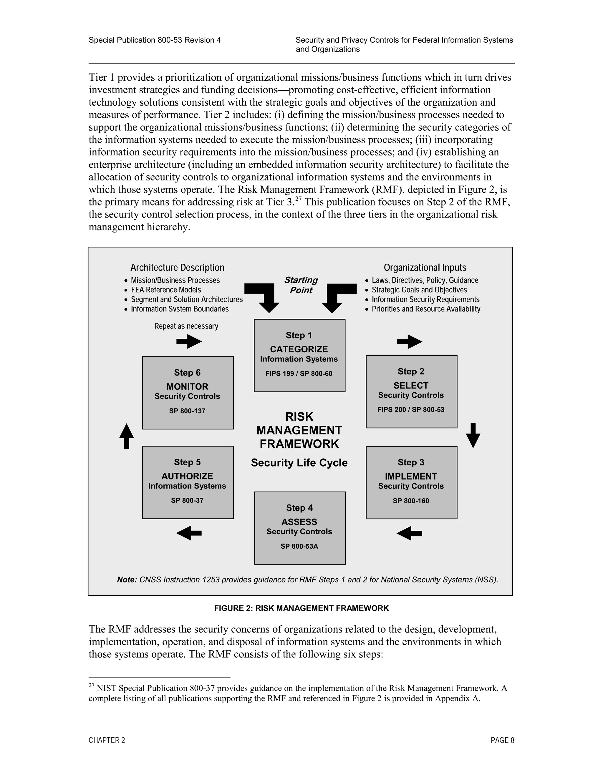 Special Publication 800-53 Revision 4 Security and Privacy Controls for Federal Information Systems
and Organizations
________________________________________________________________________________________________
Tier 1 provides a prioritization of organizational missions/business functions which in turn drives
investment strategies and funding decisions—promoting cost-effective, efficient information
technology solutions consistent with the strategic goals and objectives of the organization and
measures of performance. Tier 2 includes: (i) defining the mission/business processes needed to
support the organizational missions/business functions; (ii) determining the security categories of
the information systems needed to execute the mission/business processes; (iii) incorporating
information security requirements into the mission/business processes; and (iv) establishing an
enterprise architecture (including an embedded information security architecture) to facilitate the
allocation of security controls to organizational information systems and the environments in
which those systems operate. The Risk Management Framework (RMF), depicted in Figure 2, is
the primary means for addressing risk at Tier 3.27
This publication focuses on Step 2 of the RMF,
the security control selection process, in the context of the three tiers in the organizational risk
management hierarchy.
FIGURE 2: RISK MANAGEMENT FRAMEWORK
The RMF addresses the security concerns of organizations related to the design, development,
implementation, operation, and disposal of information systems and the environments in which
those systems operate. The RMF consists of the following six steps:
27
NIST Special Publication 800-37 provides guidance on the implementation of the Risk Management Framework. A
complete listing of all publications supporting the RMF and referenced in Figure 2 is provided in Appendix A.
RISK
MANAGEMENT
FRAMEWORK
Security Life Cycle
Repeat as necessary
Step 1
CATEGORIZE
Information Systems
FIPS 199 / SP 800-60Step 6
MONITOR
Security Controls
SP 800-137
Step 3
IMPLEMENT
Security Controls
SP 800-160
Step 2
SELECT
Security Controls
FIPS 200 / SP 800-53
Step 5
AUTHORIZE
Information Systems
SP 800-37
Step 4
ASSESS
Security Controls
SP 800-53A
Organizational Inputs
• Laws, Directives, Policy, Guidance
• Strategic Goals and Objectives
• Information Security Requirements
• Priorities and Resource Availability
Architecture Description
• Mission/Business Processes
• FEA Reference Models
• Segment and Solution Architectures
• Information System Boundaries
Starting
Point
Note: CNSS Instruction 1253 provides guidance for RMF Steps 1 and 2 for National Security Systems (NSS).
CHAPTER 2 PAGE 8
 
