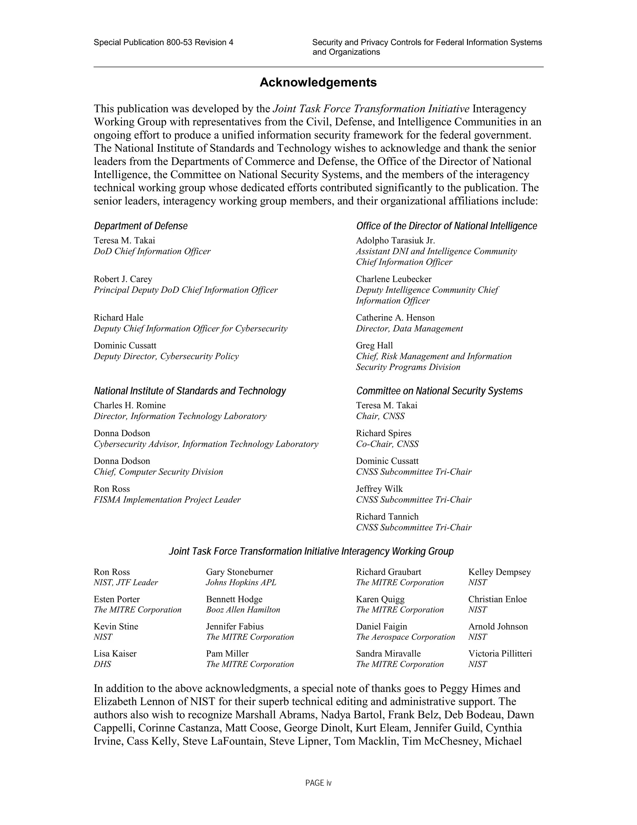 Special Publication 800-53 Revision 4 Security and Privacy Controls for Federal Information Systems
and Organizations
________________________________________________________________________________________________
Acknowledgements
This publication was developed by the Joint Task Force Transformation Initiative Interagency
Working Group with representatives from the Civil, Defense, and Intelligence Communities in an
ongoing effort to produce a unified information security framework for the federal government.
The National Institute of Standards and Technology wishes to acknowledge and thank the senior
leaders from the Departments of Commerce and Defense, the Office of the Director of National
Intelligence, the Committee on National Security Systems, and the members of the interagency
technical working group whose dedicated efforts contributed significantly to the publication. The
senior leaders, interagency working group members, and their organizational affiliations include:
Department of Defense Office of the Director of National Intelligence
Teresa M. Takai Adolpho Tarasiuk Jr.
DoD Chief Information Officer Assistant DNI and Intelligence Community
Chief Information Officer
Robert J. Carey Charlene Leubecker
Principal Deputy DoD Chief Information Officer Deputy Intelligence Community Chief
Information Officer
Richard Hale Catherine A. Henson
Deputy Chief Information Officer for Cybersecurity Director, Data Management
Dominic Cussatt Greg Hall
Deputy Director, Cybersecurity Policy Chief, Risk Management and Information
Security Programs Division
National Institute of Standards and Technology Committee on National Security Systems
Charles H. Romine Teresa M. Takai
Director, Information Technology Laboratory Chair, CNSS
Donna Dodson Richard Spires
Cybersecurity Advisor, Information Technology Laboratory Co-Chair, CNSS
Donna Dodson Dominic Cussatt
Chief, Computer Security Division CNSS Subcommittee Tri-Chair
Ron Ross Jeffrey Wilk
FISMA Implementation Project Leader CNSS Subcommittee Tri-Chair
Richard Tannich
CNSS Subcommittee Tri-Chair
Joint Task Force Transformation Initiative Interagency Working Group
Ron Ross Gary Stoneburner Richard Graubart Kelley Dempsey
NIST, JTF Leader Johns Hopkins APL The MITRE Corporation NIST
Esten Porter Bennett Hodge Karen Quigg Christian Enloe
The MITRE Corporation Booz Allen Hamilton The MITRE Corporation NIST
Kevin Stine Jennifer Fabius Daniel Faigin Arnold Johnson
NIST The MITRE Corporation The Aerospace Corporation NIST
Lisa Kaiser Pam Miller Sandra Miravalle Victoria Pillitteri
DHS The MITRE Corporation The MITRE Corporation NIST
In addition to the above acknowledgments, a special note of thanks goes to Peggy Himes and
Elizabeth Lennon of NIST for their superb technical editing and administrative support. The
authors also wish to recognize Marshall Abrams, Nadya Bartol, Frank Belz, Deb Bodeau, Dawn
Cappelli, Corinne Castanza, Matt Coose, George Dinolt, Kurt Eleam, Jennifer Guild, Cynthia
Irvine, Cass Kelly, Steve LaFountain, Steve Lipner, Tom Macklin, Tim McChesney, Michael
PAGE iv
 
