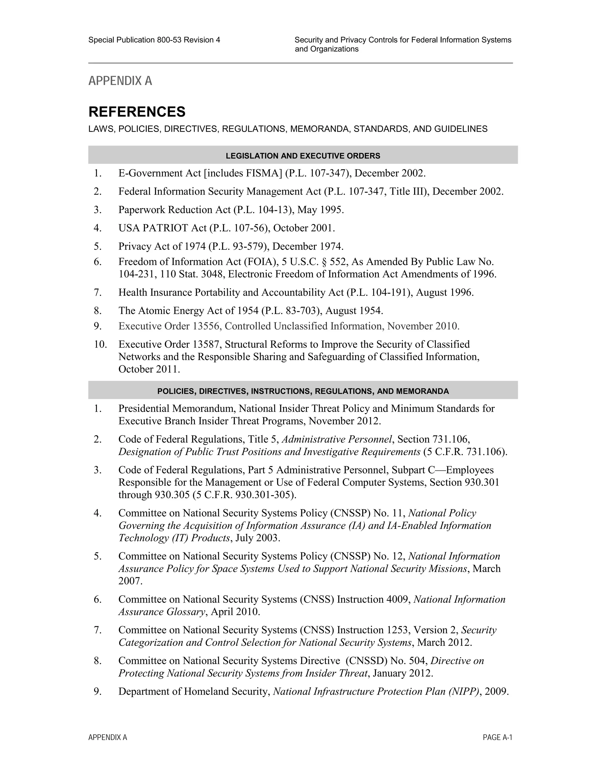 Special Publication 800-53 Revision 4 Security and Privacy Controls for Federal Information Systems
and Organizations
________________________________________________________________________________________________
APPENDIX A
REFERENCES
LAWS, POLICIES, DIRECTIVES, REGULATIONS, MEMORANDA, STANDARDS, AND GUIDELINES
LEGISLATION AND EXECUTIVE ORDERS
1. E-Government Act [includes FISMA] (P.L. 107-347), December 2002.
2. Federal Information Security Management Act (P.L. 107-347, Title III), December 2002.
3. Paperwork Reduction Act (P.L. 104-13), May 1995.
4. USA PATRIOT Act (P.L. 107-56), October 2001.
5. Privacy Act of 1974 (P.L. 93-579), December 1974.
6. Freedom of Information Act (FOIA), 5 U.S.C. § 552, As Amended By Public Law No.
104-231, 110 Stat. 3048, Electronic Freedom of Information Act Amendments of 1996.
7. Health Insurance Portability and Accountability Act (P.L. 104-191), August 1996.
8. The Atomic Energy Act of 1954 (P.L. 83-703), August 1954.
9. Executive Order 13556, Controlled Unclassified Information, November 2010.
10. Executive Order 13587, Structural Reforms to Improve the Security of Classified
Networks and the Responsible Sharing and Safeguarding of Classified Information,
October 2011.
POLICIES, DIRECTIVES, INSTRUCTIONS, REGULATIONS, AND MEMORANDA
1. Presidential Memorandum, National Insider Threat Policy and Minimum Standards for
Executive Branch Insider Threat Programs, November 2012.
2. Code of Federal Regulations, Title 5, Administrative Personnel, Section 731.106,
Designation of Public Trust Positions and Investigative Requirements (5 C.F.R. 731.106).
3. Code of Federal Regulations, Part 5 Administrative Personnel, Subpart C—Employees
Responsible for the Management or Use of Federal Computer Systems, Section 930.301
through 930.305 (5 C.F.R. 930.301-305).
4. Committee on National Security Systems Policy (CNSSP) No. 11, National Policy
Governing the Acquisition of Information Assurance (IA) and IA-Enabled Information
Technology (IT) Products, July 2003.
5. Committee on National Security Systems Policy (CNSSP) No. 12, National Information
Assurance Policy for Space Systems Used to Support National Security Missions, March
2007.
6. Committee on National Security Systems (CNSS) Instruction 4009, National Information
Assurance Glossary, April 2010.
7. Committee on National Security Systems (CNSS) Instruction 1253, Version 2, Security
Categorization and Control Selection for National Security Systems, March 2012.
8. Committee on National Security Systems Directive (CNSSD) No. 504, Directive on
Protecting National Security Systems from Insider Threat, January 2012.
9. Department of Homeland Security, National Infrastructure Protection Plan (NIPP), 2009.
APPENDIX A PAGE A-1
 