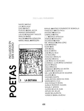 ^U
Zw
0
NARZEO ANTINO
LUIS ARRILLAGA
DAISY BENNETT
PORFIRIO BARBA JACOB
AMANDO FERNÁNDEZ
LUIS DE GÓNGORA Y ARGOTE
SARA DE IBAÑEZ
HELCÍAS MARTÁN GÓNGORA
MARIO ANGEL MARRODÁN
MANUEL MARTÍNEZ FERNÁNDEZ DE BOBADILLA
FRANCISCO MATOS PAOLI
ANTONIO MENDIOLA
GABRIELA MISTRAL
J. J. MORALES SPÍNDOLA
ARSINOE MORATORIO
SALVADOR MUERZA
MA. ANGELES MURIAS LÓPEZ
ELÍAS NANDINO
NORA NANI
JEAN NOUEL
BLAS DE OTERO
JOSÉ PALOU REUS
OCTAVIO PAZ
FRANCISCO PERALTO
ANTONIO PEREIRA
JOSÉ PÉREZ DE MONTORO
DOMINGO JULIÁN PÉREZ GONZÁLEZ
WALTER PINEDA
EMILIO PRADOS
RAIMUNDO RAMÍREZ DE ANTÓN
ALBERTO RÍOS BLANCO
MA. LUISA RODRÍGUEZ DE SOLSONA
AGUSTÍN ROIG
SARA SAN MARTÍN
JUAN ANTONIO SÁNCHEZ ANES
MARÍA SANTA CRUZ
ANA ENRIQUETA TERÁN
AURELIO TORRENTE IGLESIAS
MIGUEL R. UTRERA
GLORIA VEGA DE ALBA
ARTURO DEL VILLAR
XAVIER VILLAURRUTIA
HORACIO ZABALJÁUREGUI
44
 