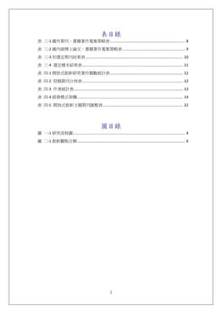 表目錄
表  三‐1 國外期刊、書籍著作蒐集策略表 ......................................................................... 8 
表  三‐2 國內碩博士論文、書籍著作蒐集策略表 ............................................................. 9 
表  三‐3 初選定期刊結果表 ............................................................................................... 10 
表  三‐4  選定樣本結果表 .................................................................................................. 11 
表  四‐1 開放式創新研究著作篇數統計表 ....................................................................... 12 
表  四‐2  投稿期刊分佈表 .................................................................................................. 12 
表  四‐3  作者統計表 .......................................................................................................... 13 
表  四‐4 經營模式架構 ....................................................................................................... 14 
表  四‐5  開放式創新主題期刊匯整表 .............................................................................. 22 

 
                                                    圖目錄
圖  一‐1 研究流程圖 ............................................................................................................. 4 
圖  二‐1 創新觀點分類 ......................................................................................................... 6 

 




                                                           2
 