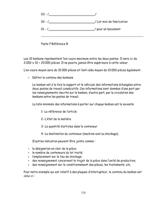 03 - /__________________________/

            02 - /__________________________/ Lot mini de fabrication

            01 - /__________________________/ pour un lancement



            Poste P Référence R



Les 10 kanbans représentent l en-cours maximum entre les deux postes. Il sera ici de
2.000 x 10 = 20.000 pièces. Il ne pourra jamais être supérieure à cette valeur.

 en-cours moyen sera de 10.000 pièces et lanti-aléa moyen de 10.000 pièces également.

      Définir le contenu des kanbans

      Le kanban est à la fois le support et le véhicule des informations échangées entre
      deux postes de travail consécutifs. Ces informations sont données d une part par
      les renseignements inscrits sur le kanban, d autre part, par la circulation des
      kanbans entre les postes de travail.

      La liste minimale des informations à porter sur chaque kanban est la suivante

            1- La référence de l article

            2- L état de la matière

            3- La quantité d articles dans le conteneur

            4- La destination du conteneur (machine aval ou stockage).

        autres indication peuvent être jointe comme :

      la désignation en clair de la pièce;
      le nombre de conteneurs du lot traité;
       emplacement sur le lieu de stockage;
      des renseignement concernant le trajet de la pièce dans lunité de production;
      des renseignement sur le conditionnement des pièces, les traitements, etc.

Pour notre exemple qui est relatif à des plaques dinterrupteur, le contenu du kanban est
celui-ci :




                                           124
 