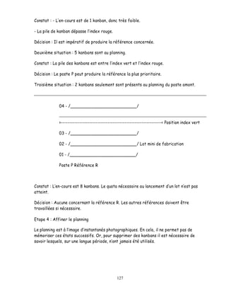 Constat : - L en-cours est de 1 kanban, donc très faible.

- La pile de kanban dépasse l index rouge.

Décision : Il est impératif de produire la référence concernée.

Deuxième situation : 5 kanbans sont au planning.

Constat : La pile des kanbans est entre l index vert et l index rouge.

Décision : Le poste P peut produire la référence la plus prioritaire.

Troisième situation : 2 kanbans seulement sont présents au planning du poste amont.



             04 - /__________________________/


             >------------------------------------------------------------< Position index vert

             03 - /__________________________/

             02 - /__________________________/ Lot mini de fabrication

             01 - /__________________________/

             Poste P Référence R



Constat : L en-cours est 8 kanbans. Le quota nécessaire au lancement d un lot n est pas
atteint.

Décision : Aucune concernant la référence R. Les autres références doivent être
travaillées si nécessaire.

Etape 4 : Affiner le planning

Le planning est à l image d instantanés photographiques. En cela, il ne permet pas de
mémoriser ces états successifs. Or, pour supprimer des kanbans il est nécessaire de
savoir lesquels, sur une langue période, n ont jamais été utilisés.




                                              127
 