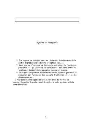 Objectifs de la séquence




        Etre capable de dialoguer avec les differents interlocuteurs de la
       gestion de production (vocabulaire, concepts de base, ).
        Avoir une vue d ensemble de l entreprise qui integre la fonction de
       production et qui privilegie la connaissance des liens entre les
       fonctions et des contraintes auxquelles chacune est soumise.
        Participer à une politique de rationalisation des règles de gestion de la
       production par utilisation des concepts traditionnels et / ou des
       nouveaux concepts.
  ; Pour ce faire, être capable de faire la liste et de definir tous les
concepts de gestion de production et de repérer le ou les systèmes utilisés
dans l entreprise.




                                        3
 