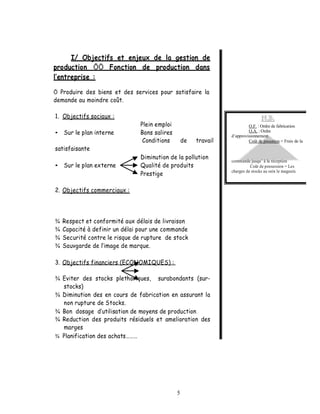 I/ Objectifs et enjeux de la gestion de
production ÕÖ Fonction de production dans
l entreprise :

Ö Produire des biens et des services pour satisfaire la
demande au moindre coût.

1. Objectifs sociaux :
                               Plein emploi                               O.F. : Ordre de fabrication
    Sur le plan interne        Bons salires                               O.A. : Ordre
                                                                 d’approvisionnement
                                Conditions        de   travail            Coût de passation = Frais de la
satisfaisante
                               Diminution de la pollution
                                                                                   !
                                                                 commande jusqu’ à la réception
    Sur le plan externe        Qualité de produits                         Coût de possession = Les
                               Prestige
                                                                 charges de stocks au sein le magasin.



2. Objectifs commerciaux :




¾   Respect et conformité aux délais de livraison
¾   Capacité à definir un délai pour une commande
¾   Securité contre le risque de rupture de stock
¾   Sauvgarde de l image de marque.

3. Objectifs financiers (ECONOMIQUES) :

¾ Eviter des stocks plethoriques, surabondants (sur-
  stocks)
¾ Diminution des en cours de fabrication en assurant la
  non rupture de Stocks.
¾ Bon dosage d utilisation de moyens de production
¾ Reduction des produits résiduels et amelioration des
  marges
¾ Planification des achats




                                              5
 