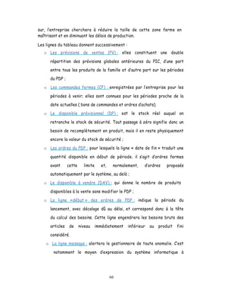 sur, l entreprise cherchera à réduire la taille de cette zone ferme en
maîtrisant et en diminuant les délais de production.

Les lignes du tableau donnent successivement :
   o Les prévisions de ventes (PV) : elles constituent une double

      répartition des prévisions globales antérieures du PIC, d une part
      entre tous les produits de la famille et d autre part sur les périodes

      du PDP ;

   o Les commandes fermes (CF) : enregistrées par l entreprise pour les

      périodes à venir; elles sont connues pour les périodes proche de la
      date actuelles ( bons de commandes et ordres d achats).

   o Le disponible prévisionnel (DP) : est le stock réel auquel on

      retranche le stock de sécurité. Tout passage à zéro signifie donc un

      besoin de recomplètement en produit, mais il en reste physiquement
      encore la valeur du stock de sécurité ;

   o Les ordres du PDP : pour lesquels la ligne « date de fin » traduit une

      quantité disponible en début de période. il sagit d ordres fermes

      avant      cette     limite     et,    normalement,       ordres   proposés
      automatiquement par le système, au delà ;

   o Le disponible à vendre (DAV) : qui donne le nombre de produits

      disponibles à la vente sans modifier le PDP ;

   o La ligne «début » des ordres de PDP : indique la période du

      lancement, avec décalage dû au délai, et correspond donc à la tête

      du calcul des besoins. Cette ligne engendrera les besoins bruts des

      articles    de     niveau     immédiatement   inférieur   au   produit   fini

      considéré.
    o La ligne message : alertera le gestionnaire de toute anomalie. C est

        notamment le moyen             expression du système informatique à




                                            66
 