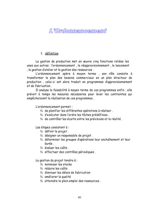 1. définition

        La gestion de production met en uvre cinq fonctions reliées les
unes aux autres : l ordonnancement , le réapprovisionnement , le lancement
, la gestion d atelier et la gestion des ressources .
          ordonnancement opère à moyen terme , son rôle consiste à
transformer le plan des besoins commerciaux en un plan directeur de
production , celui-ci est alors traduit en programmes dapprovisionnement
et de fabrication .
        Il analyse la faisabilité à moyen terme de ces programmes enfin , elle
prévoit à temps les mesures nécessaires pour lever les contraintes qui
empêcheraient la réalisation de ces programmes .

        ordonnancement permet :
          ¾ de planifier les différentes opérations à réaliser .
          ¾ exécuter dans l ordre les tâches prédéfinies .
          ¾ de contrôler les écarts entre les prévisions et la réalité .

      Les étapes consistent à :
         ¾ définir le projet .
         ¾ désigner un responsable de projet .
         ¾ déterminer les groupes d opérations leur enchaînement et leur
            durée .
         ¾ évaluer les coûts .
         ¾ effectuer des contrôles périodiques .

      La gestion du projet tendra à :
         ¾ minimiser les stocks
         ¾ réduire les coûts
         ¾ diminuer les délais de fabrication
         ¾ améliorer la qualité
         ¾ atteindre le plein emploi des ressources .




                                      80
 