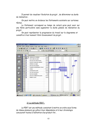 Il permet de visualiser l évolution du projet , de déterminer sa durée
de réalisation .
      On peut mettre en évidence les flottements existants sur certaines
tâches .
      Le flottement correspond au temps de retard qu on peut avoir sur
une tâche particulière sans augmenter la durée globale de réalisation du
projet.
      On peut représenter la progression du travail sur le diagramme et
connaître à tout moment l état d avancement du projet .




            2/ La méthode PERT :

      Le PERT est une méthode consistant à mettre en ordre sous forme
de réseau plusieurs qui grâce à leur dépendance et à leur chronologie
concourent toutes à l obtention d un produit fini .


                                      83
 