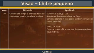 Camilla
Visão – Chifre pequeno
Verso Atividade Significado
10 Cresceu até atingir o exército dos Céus;
Lançou por terra as estrelas e as pisou;
DOUKHAN, 2018, p. 128:
A tentativa de usurpar o lugar de Deus;
Como no capítulo 7, esse poder também persegue os
santos (Dn 8:24).
MUELLER, 2018:
Pisou: se refere a fúria com que Roma perseguiu ao
povo de Deus.
 