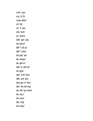 crĭm´s̱ on
crṳ´çĭ fȳ
crṳa sāde´
cū´bit
cū´rĭ ous
cŭs´tom
çy´press
dān´ġer ous
de çēive´
dĕl´ĭ cā̇ çy̆
dĕl´ĭ cate
de pūt´ed
de rānġe´
de s̱ ẽrve´
dĕs´ic cāt ed
de s̱ īgn´
des´o lā´tion
dĕs´per ate
des per ā´tion
dev´ăs tat ing
de vĕl´op ment
de vīçe´
de vout´
dĭs̱ ´ma̯ l
dis māy´
 