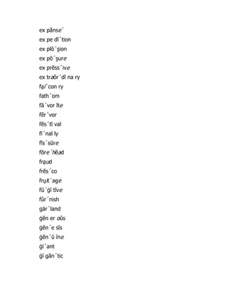 ex pănse´
ex pe dĭ´tion
ex plō´s̱ ion
ex pō´s̱ ure
ex prĕss´ive
ex traôr´dĭ na ry
fa̤ l´con ry
fath´om
fā´vor ĭte
fẽr´vor
fĕs´tĭ val
fī´nal ly
fĭs´sūre
fŏre´hĕad
fra̤ ud
frĕs´co
frṳit´age
fū´ġĭ tĭve
fûr´nish
gär´land
ġĕn er oŭs
ġĕn´e sĭs
ġĕn´ū ĭne
ġī´ant
ġī găn´tic
 