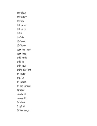 tĕr´rā̇ çe
tĕr´ri fied
ter´ror
thē´a ter
thē´o ry
thĩrst
thrŭsh
tŏr´rent
tôr´ture
to̤ ur´na ment
to̤ ur´ney
trăġ´e dy
trăġ´ic
trăṉ´quil
trăns pâr´ent
trĭ´bute
trĭp´le
tri´umph
tri ŭm´phant
tȳ´rant
un cĭv´il
un co̤ uth´
ûr´chin
ū´s̱ ū al
ŭt´ter ançe
 