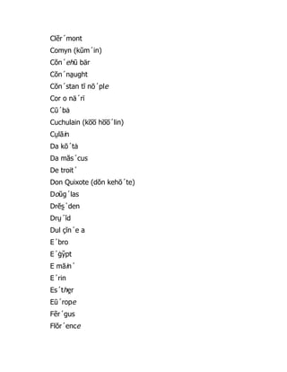 Clẽr´mont
Comyn (kŭm´in)
Cŏn´ehū bär
Cŏn´na̤ ught
Cŏn´stan tĭ nō´ple
Cor o nä´rï
Cū´bȧ
Cuchulain (ko̅ o̅ ho̅ o̅ ´lin)
Cṳlāin
Da kō´tȧ
Da măs´cus
De troit´
Don Quixote (dŏn kehō´te)
Doŭg´las
Drĕs̱ ´den
Drṳ´ĭd
Dul çĭn´e a
E´bro
E´ġy̆ pt
E māin´
E´rin
Es´the̯ r
Eū´rope
Fẽr´gus
Flŏr´ence
 