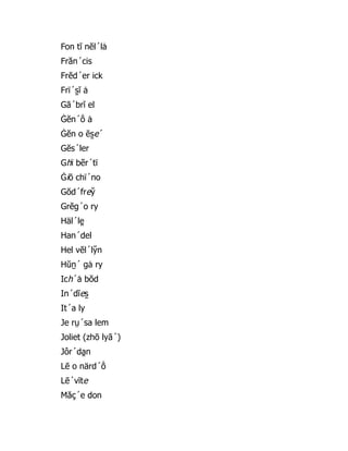 Fon tĭ nĕl´lȧ
Frăn´cis
Frĕd´er ick
Frï´s̱ ĭ ȧ
Gā´brĭ el
Ġĕn´ō̇ ȧ
Ġĕn o ēs̱ e´
Gĕs´ler
Ghï bẽr´tï
Ġiō chï´no
Gŏd´frey̆
Grĕg´o ry
Häl´le̯
Han´del
Hel vĕl´ly̆ n
Hŭṉ´ gȧ ry
Ich´ȧ bŏd
In´dĭes̱
It´a ly
Je rṳ´sa lem
Joliet (zhō lyā´)
Jôr´da̯ n
Lē o närd´ō̇
Lē´vīte
Măç´e don
 