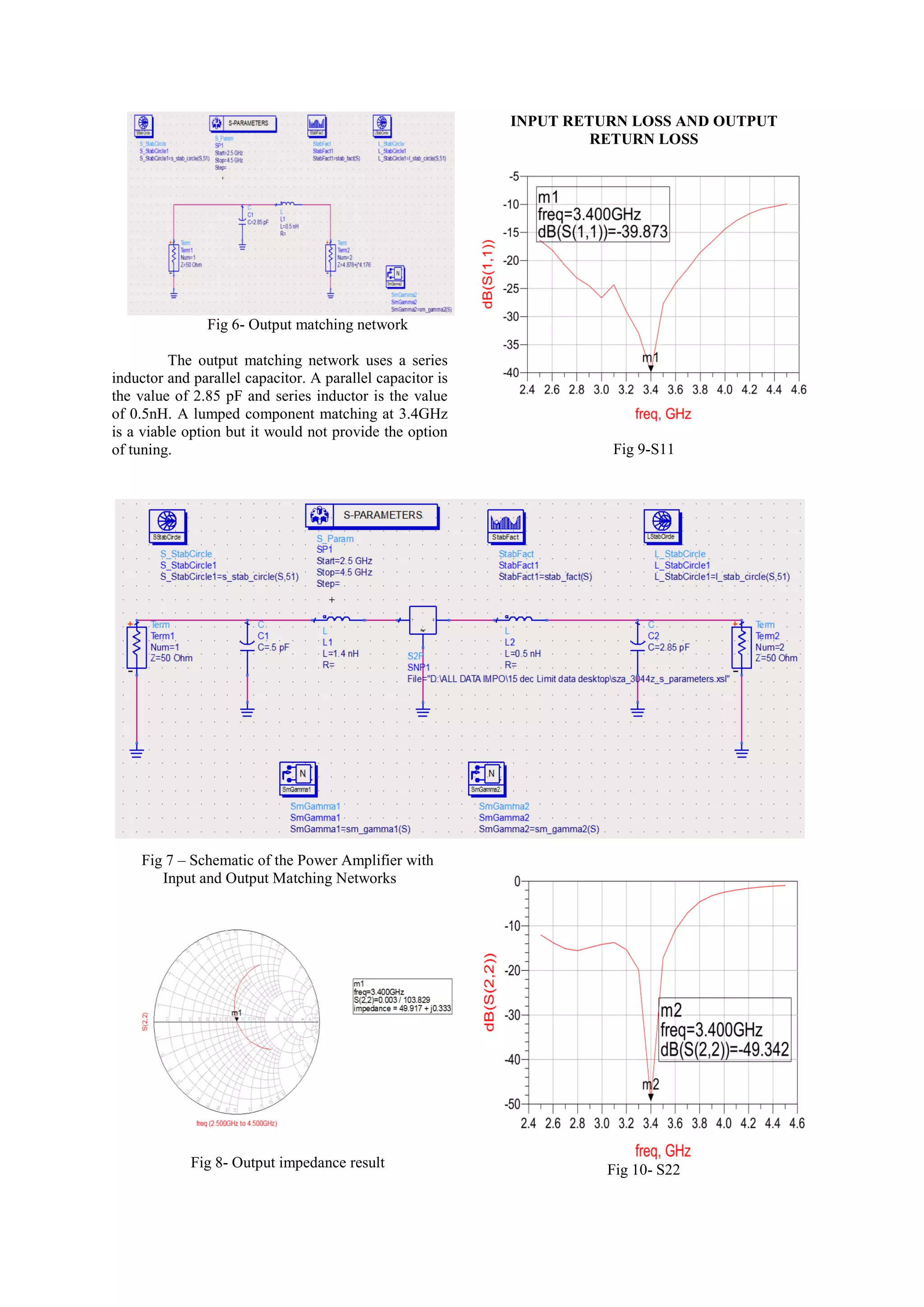 Fig 6- Output matching network
The output matching network uses a series
inductor and parallel capacitor. A parallel capacitor is
the value of 2.85 pF and series inductor is the value
of 0.5nH. A lumped component matching at 3.4GHz
is a viable option but it would not provide the option
of tuning.
Fig 7 – Schematic of the Power Amplifier with
Input and Output Matching Networks
Fig 8- Output impedance result
INPUT RETURN LOSS AND OUTPUT
RETURN LOSS
Fig 9-S11
Fig 10- S22
 