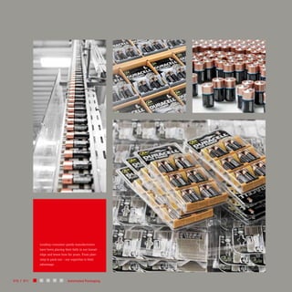 Leading consumer goods ­manufacturers
have been placing their faith in our knowl-
edge and know-how for years. From plan-
ning to pack-out – our expertise is their
advantage.
010 / 011 Automated Packaging
 