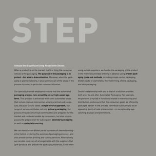 STEP
Always One Significant Step Ahead with Deufol​
When a product is on the market, the first thing the consumer
notices is the packaging. The purpose of the packaging is to
protect – but also to draw attention. Moreover, when the pack-
aging is planned cleverly, it also optimizes all of the steps of the
process to come, in particular commercialization.
Our specially trained employees ensure that the automated
packaging process runs smoothly on our high-­­speed sys-
tems. This process is enhanced with semi-­­automated steps
that include manual intervention where practical and neces-
sary. Because Deufol takes a single-­­source approach, our
range of services includes not only primary packaging, the
process through which bulk commodities are prepared for the
market and rendered usable by consumers, but also encom-
passes the preparation for subsequent secondary packaging
as well as materials sourcing.
We can manufacture blister packs by means of thermoforming –
either before or during the automated packaging process – and
also provide carton printing and cutting services. Alternatively,
we can also take care of arrangements with the suppliers that
(pre-­­)produce and provide the packaging ­materials. Even when
using outside suppliers, we handle the packaging of the product
in the materials provided entirely in advance using proven pack-
aging types and methods, including simple carton packaging,
blister packs or clamshells, thermoforming, shrink packaging,
and skin packaging.
Deufol’s relationship with you is that of a solution provider,
both prior to and after Automated Packaging. For example,
we perform a myriad of functions related to warehousing and
distribution, and ensure that the consumer goods so efficiently
packaged earlier in the process contribute substantially to an
appealing point-­of-­sale presentation – in exceptionally eye-­
catching displays and promotions.
 
