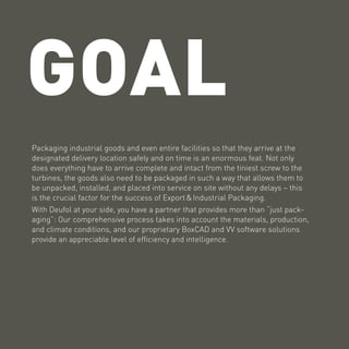 goal
Packaging industrial goods and even entire facilities so that they arrive at the
designated delivery location safely and on time is an enormous feat. Not only
does everything have to arrive complete and intact from the tiniest screw to the
turbines, the goods also need to be packaged in such a way that allows them to
be unpacked, installed, and placed into service on site without any delays – this
is the crucial factor for the success of Export & Industrial Packaging.
With Deufol at your side, you have a partner that provides more than “just pack-
aging”: Our comprehensive process takes into account the materials, production,
and climate conditions, and our proprietary BoxCAD and VV software solutions
provide an appreciable level of efficiency and intelligence.
 