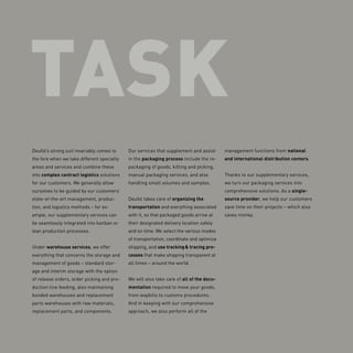 TASK
Deufol’s strong suit invariably comes to
the fore when we take different specialty
areas and services and combine these
into complex contract logistics solutions
for our customers. We generally allow
ourselves to be guided by our customers’
state-of-the-art management, produc-
tion, and logistics methods – for ex-
ample, our supplementary services can
be seamlessly integrated into kanban or
lean production processes.
Under warehouse services, we offer
everything that concerns the storage and
management of goods – standard stor-
age and interim storage with the option
of release orders, order picking and pro-
duction line feeding, also maintaining
bonded warehouses and replacement
parts warehouses with raw materials,
replacement parts, and components.
Our services that supplement and assist
in the packaging process include the re-
packaging of goods, kitting and picking,
manual packaging services, and also
handling small volumes and samples.
Deufol takes care of organizing the
transportation and everything associated
with it, so that packaged goods arrive at
their designated delivery location safely
and on time. We select the various modes
of transportation, coordinate and optimize
shipping, and use tracking & tracing pro-
cesses that make shipping transparent at
all times – around the world.
We will also take care of all of the docu-
mentation required to move your goods,
from waybills to customs procedures.
And in keeping with our comprehensive
approach, we also perform all of the
management functions from national
and international distribution centers.
Thanks to our supplementary services,
we turn our packaging services into
comprehensive solutions. As a single-
source provider, we help our customers
save time on their projects – which also
saves money.
 