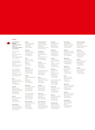 Hofheim (Wallau)
Deufol AG
Johannes-Gutenberg-
Straße 3 –5
65719 Hofheim (Wallau)
+49 6122 5000
Deufol Services&
IT GmbH
Johannes-Gutenberg-
Straße 3–5
65719 Hofheim (Wallau)
+49 6122 501131
Deufol Mitte GmbH
Johannes-Gutenberg-
Straße 3–5
65719 Hofheim (Wallau)
+49 6122 501170
Deufol Produktions-
gesellschaft mbH
Johannes-Gutenberg-
Straße 3–5
65719 Hofheim (Wallau)
+49 6122 501130
Berlin
Deufol Berlin GmbH
Piesporter Straße 50–52
13088 Berlin
+49 30 924035911
Bielefeld
Deutsche Tailleur
Bielefeld GmbH&Co. KG,
Gildemeisterstraße 107
33689 Bielefeld
+49 5205 751551
Bochum
Deufol Bochum GmbH
Arnoldschacht 11
44894 Bochum
+49 234 2396103
Braunschweig
Deufol Nord GmbH
Julius-Konegen-Straße 22
38114 Braunschweig
+49 5171 2960
Bretten
Deufol Südwest GmbH
Gewerbestraße 95
75015 Bretten
+49 6227 826019
Dortmund
Deufol West GmbH
Überwasserstraße 3–5
44147 Dortmund
+49 231 9823432
Erfurt
Deufol Nord GmbH
Werner-von-Siemens-
Straße 4
99086 Erfurt
+49 5171 2960
Euskirchen
Deufol Mitte GmbH
Am Silberberg 100
53881 Euskirchen
+49 2251 7742555
Fellbach
DTG Verpackungslogistik
GmbH
Ringstraße 31
70736 Fellbach
+49 711 34266814
Frankenthal
Deufol Nürnberg GmbH
Siemensstraße 40
67227 Frankenthal
+49 6233 773122
GGZ Gefahrgutzentrum
Frankenthal GmbH
Siemensstraße 46
67227 Frankenthal
+49 6122 501130
Frankfurt Airport
Deufol Frankfurt GmbH
Cargo City Süd,
Gebäude 638 E
60549 Frankfurt
+49 69 63809440
Frankfurt am Main
Deufol Mitte GmbH
Industriepark Höchst,
Gebäude C559
65926 Frankfurt am Main
+49 69 30517178
Freudenberg
SIV Siegerländer
Industrieverpackungs
GmbH
Alte Eisenstraße 2–24
57258 Freudenberg
+49 2732 7933120
Hamburg
Deufol Berlin GmbH
Afrikastraße 2
20457 Hamburg
+49 40 78097921
Deufol Hamburg GmbH
Ellerholzdamm 16–20
20457 Hamburg
+49 40 78097921
Hanau
Deufol West GmbH
Brown-Boveri-Straße 30
63457 Hanau
+49 6181 50060
Handewitt
Deufol Süd GmbH
Gewerbepark 30
24983 Handewitt
+49 9401 607655
Hattersheim
Deufol Mitte GmbH
Voltastraße 5
65795 Hattersheim
+49 69 30517178
Hinterweidenthal
Deufol Produktions-
gesellschaft mbH
Industriegebiet Süd 12
66999 Hinterweidenthal
+49 6396 921713
Ingolstadt
Deufol Mitte GmbH
Borsigstraße 3
85053 Ingolstadt
+49 841 9567840
Kolbermoor
Deufol Süd GmbH
Conradtystraße 1
83059 Kolbermoor
+49 9401 607655
Kreuztal
SIV Siegerländer
Industrieverpackungs
GmbH
Siegener Straße 200
57223 Kreuztal
+49 2732 7933120
Mörfelden
Aircon Airfreight
Container
Maintenance GmbH
Dieselstraße 5
64546 Mörfelden
+49 6105 24455
Deufol Frankfurt GmbH
Dreieichstraße 5
65456 Mörfelden
+49 69 63809440
Mühlhausen
Fischer Kisten GmbH
Im Bangert 5
69242 Mühlhausen
+49 6227 826019
München
Deufol München GmbH
Brunhamstraße 21
81249 München
+49 9401 607655
Neuenstein-Aua
Deufol Mitte GmbH
IDS-Europa-Straße 1
36286 Neuenstein-Aua
+49 6677 920451
Neutraubling
Deufol Süd GmbH
Neugablonzer Straße 1
93073 Neutraubling
+49 9401 607655
Nürnberg
Deufol Nürnberg GmbH
Rotterdamer Straße 130
90451 Nürnberg
+49 911 96868950
Oberhausen
Deufol West GmbH
Essener Straße 2–8
46047 Oberhausen
+49 208 8596100
Obernburg
Dualogis GmbH
Industrie Center
Obernburg
63784 Obernburg
+49 6022 812900
Peine
Deufol Nord GmbH
Vöhrumer Straße 40
31228 Peine
+49 5171 2960
Remscheid
Deufol Remscheid GmbH
Leverkuser Straße 65
42897 Remscheid
+49 208 8596211
Schwerte
Deufol Bochum GmbH
Robert-Bosch-Straße 1
58239 Schwerte
+49 234 2396103
Stadtallendorf
Deufol Mitte GmbH
Albert-Schweitzer-
Straße 15
35260 Stadtallendorf
+49 6428 921223
Untermarchenbach
Deufol Süd GmbH
Kreisstraße 37
85410 Untermarchenbach
+49 9401 607655
Viernheim
Abresch Industrie-
verpackung GmbH
Max-Planck-Straße 28
68519 Viernheim
+49 6204 96210
Walldorf
Deufol Südwest GmbH
Daimlerstraße 38
69190 Walldorf
+49 6227 826019
Zeithain
Deufol Mitte GmbH
Industriestraße D13
01619 Zeithain
+49 3525 5290830
Germany
 