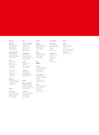 Antwerpen
Deufol Nord GmbH
Schomhoeveweg
2030 Antwerpen
+49 231 98234332
Heist-op-den-Berg
Deufol België N.V.
Schaliehoevestraat 12
2220 Heist-op-den-Berg
+32 15 259109
Tienen
Deufol Logistics
Tienen N.V.
Industriepark 16 II
3300 Tienen
+32 16 801011
Deufol Packaging
Tienen N.V.
Industriepark 16 III
3300 Tienen
+32 16 801045
Waremme
Deufol Waremme S.A.
Rue du Parc Industriel 29
4300 Waremme
+32 19 339733
Saint Nabord
Deufol St. Nabord SAS
1 Rue de L‘Encensement
88200 Saint Nabord
+33 329 324990
Cernusco sul Naviglio
Deufol Italia S.p.A.
via Gobetti 2c
20063 Cernusco sul
Naviglio (MI)
+39 0331 613701
Fagnano Olona
Deufol Italia S.p.A.
via Magellano 22/24
21054 Fagnano Olona (VA)
+39 0331 613701
Oleggio
Deufol Italia S.p.A.
via Canapi 2
28047 Oleggio (NO)
+39 0331 613701
Roverbella
Deufol Italia S.p.A.
via Barchetto 38
46048 Roverbella (MN)
+39 0331 613701
Bruck an der Leitha
Deufol Austria GmbH
Alter Hainburger Weg 4
2460 Bruck an der Leitha
+43 2162 63860
St. Valentin
Deufol Austria GmbH
Humelfeldstraße 13–15
4300 St. Valentin
+43 2162 63860
Krušovce
Deufol Slovensko s.r.o.
Bedzianska cesta 667
956 31 Krušovce
+421 38 5328403
Vrútky
Deufol Slovensko s.r.o.
Dielenska Kruzna 10
038 61 Vrútky
+421 38 5324471
Ivančice
Deufol Česká republika
a.s., Za Mostem 303/8
66491 Ivančice
+420 546 418521
Kralice na Hané
Deufol Česká republika
a.s., Pobočka Prostějov
Háj 357
79812 Kralice na Hané
+420 582 310053
Slaný
Deufol Česká republika
a.s., Pobočka Slaný
Pražská 1579
274 01 Slaný
+420 724 728370
Charlotte (NC)
Deufol Charlotte LLC
1900 Continental Blvd
Charlotte
NC 28273
+1 812 6231140
Sunman (IN)
Deufol Sunman Inc.
924 South
Meridian Street
Sunman
IN 47041
+1 812 6231140
Suzhou
Deufol (Suzhou)
Packaging Consulting
Co. LTD
No. 55, Songshan Road,
Bldg No. 1, South Wing
215129 Suzhou
+86 512 62870736
Belgium
France
Italy
Austria
Slovakia
Czech
Republic
United States China
 
