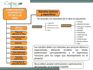 Memoria
Descriptiva
Estudios básicos
y específicos
Planos de
ejecución de obra
Especificaciones
técnicas
Metrados
Análisis de
precios unitarios
Valor referencial
(Presupuesto de obra )
Fórmulas
polinómicas
Cronograma de
ejecución de obra
De acuerdo a la naturaleza de la obra se ejecutarán:
Los estudios deben ser realizados por personal idóneo o
especializado, debiendo acreditar los títulos
profesionales correspondientes y la experiencia
necesaria para los cargos que desempeñarán en el
proyecto.
No se deben aceptar estimaciones o apreciaciones
del Consultor sin el debido respaldo.
 