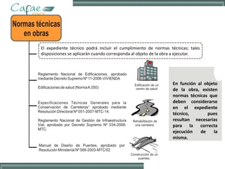 El expediente técnico podrá incluir el cumplimiento de normas técnicas; tales
disposiciones se aplicarán cuando corresponda al objeto de la obra a ejecutar.
En función al objeto
de la obra, existen
normas técnicas que
deben considerarse
en el expediente
técnico, pues
resultan necesarias
para la correcta
ejecución de la
misma.
 