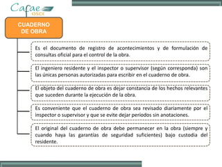 CUADERNO
DE OBRA
Es el documento de registro de acontecimientos y de formulación de
consultas oficial para el control de la obra.
El ingeniero residente y el inspector o supervisor (según corresponda) son
las únicas personas autorizadas para escribir en el cuaderno de obra.
El objeto del cuaderno de obra es dejar constancia de los hechos relevantes
que suceden durante la ejecución de la obra.
Es conveniente que el cuaderno de obra sea revisado diariamente por el
inspector o supervisor y que se evite dejar períodos sin anotaciones.
El original del cuaderno de obra debe permanecer en la obra (siempre y
cuando haya las garantías de seguridad suficientes) bajo custodia del
residente.
 