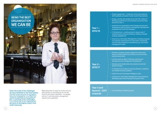 Given the scale of the challenges
we have identified to the food system
and the small amount of regulatory
resource available to us to play our
part in tackling those challenges,
it is critical that as an organisation
we excel at leveraging impact from
small resources.
While being alert to value for money and cost
effectiveness in everything we do, we will
focus on two areas in particular – our people;
and our IT and information management
systems and capabilities
Year 2 –
2016/17
•	 Develop and deliver people engagement action plan
based on 2015 feedback and achieve civil service best
practice benchmark.
•	 Continue work on Ways of Working, learning and
development and management development.
•	 Develop social media skills and presence across the
whole FSA team.
•	 IT infrastructure in place to improve efficiency, resilience
and flexible working capability.
•	 Extend the use of business intelligence tools.
•	 Continue our Information Management improvement by
developing open data sharing across government.
Year 1 –
2015/16
•	 People engagement – implement action plan based on
2014 feedback and deliver further 3 point improvement.
•	 Design, working with people across the FSA, a Ways of
Working programme to move towards civil service best
practice by year 3.
•	 Implement an organisation wide strategic learning and
development plan including a management development
programme for front line managers.
•	 IT infrastructure – continue to put in place a new IT
infrastructure to improve efficiency, resilience, flexible
working capability etc.
•	 Improve our Information Management, including mapping
our business requirements for information, developing
common data standards and baselining our information
management model.
Year 3 and
beyond – 2017
onwards
•	 Conclude Ways of Working project.
Being thebest
organisation
wecanbe
34 35
WORKING TOWARDS FOOD WE CAN TRUST
 