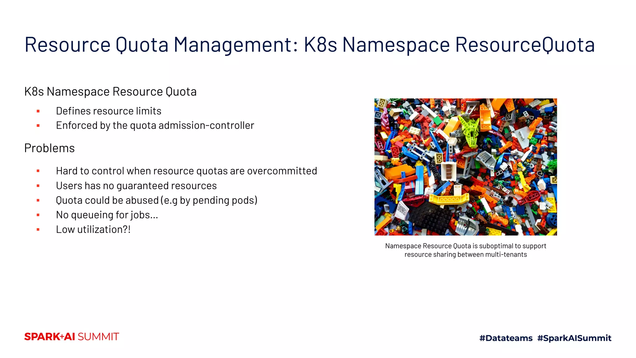 Resource Quota Management: K8s Namespace ResourceQuota K8s Namespace Resource Quota ▪ Deﬁnes resource limits ▪ Enforced by the quota admission-controller Problems ▪ Hard to control when resource quotas are overcommitted ▪ Users has no guaranteed resources ▪ Quota could be abused (e.g by pending pods) ▪ No queueing for jobs… ▪ Low utilization?! Namespace Resource Quota is suboptimal to support resource sharing between multi-tenants 