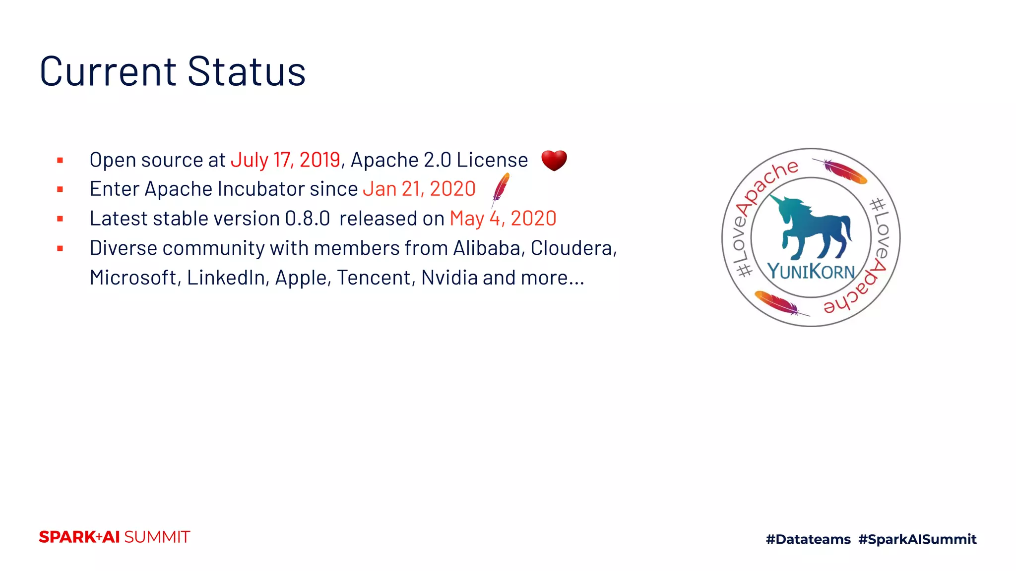 Current Status ▪ Open source at July 17, 2019, Apache 2.0 License ▪ Enter Apache Incubator since Jan 21, 2020 ▪ Latest stable version 0.8.0 released on May 4, 2020 ▪ Diverse community with members from Alibaba, Cloudera, Microsoft, LinkedIn, Apple, Tencent, Nvidia and more… 