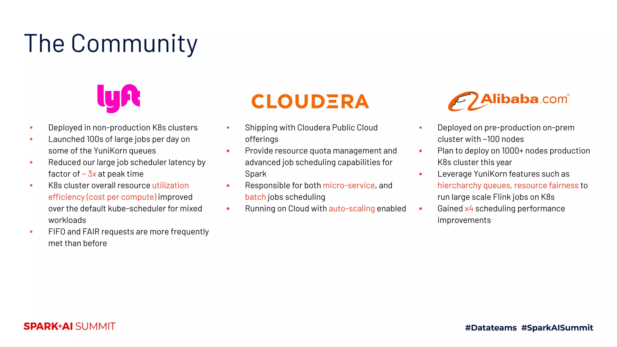 The Community ▪ Deployed in non-production K8s clusters ▪ Launched 100s of large jobs per day on some of the YuniKorn queues ▪ Reduced our large job scheduler latency by factor of ~ 3x at peak time ▪ K8s cluster overall resource utilization efficiency (cost per compute) improved over the default kube-scheduler for mixed workloads ▪ FIFO and FAIR requests are more frequently met than before ▪ Shipping with Cloudera Public Cloud offerings ▪ Provide resource quota management and advanced job scheduling capabilities for Spark ▪ Responsible for both micro-service, and batch jobs scheduling ▪ Running on Cloud with auto-scaling enabled ▪ Deployed on pre-production on-prem cluster with ~100 nodes ▪ Plan to deploy on 1000+ nodes production K8s cluster this year ▪ Leverage YuniKorn features such as hiercharchy queues, resource fairness to run large scale Flink jobs on K8s ▪ Gained x4 scheduling performance improvements 