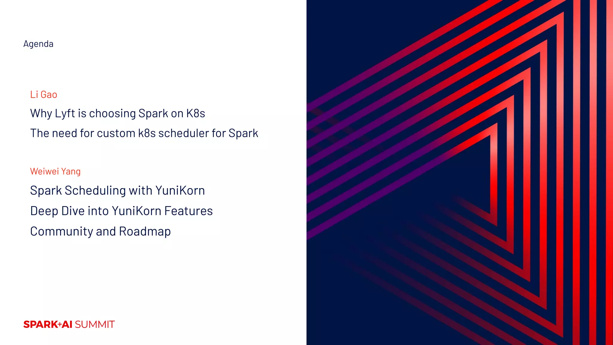 Agenda Li Gao Why Lyft is choosing Spark on K8s The need for custom k8s scheduler for Spark Weiwei Yang Spark Scheduling with YuniKorn Deep Dive into YuniKorn Features Community and Roadmap 