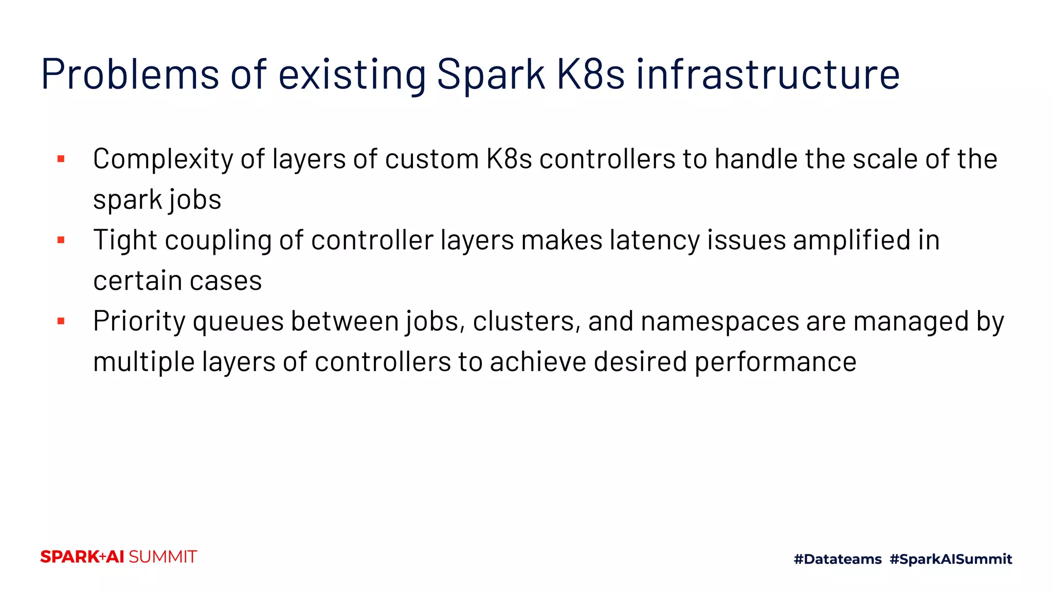 Problems of existing Spark K8s infrastructure ▪ Complexity of layers of custom K8s controllers to handle the scale of the spark jobs ▪ Tight coupling of controller layers makes latency issues ampliﬁed in certain cases ▪ Priority queues between jobs, clusters, and namespaces are managed by multiple layers of controllers to achieve desired performance 