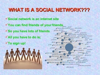 WHAT IS A SOCIAL NETWORK??? Social network is an internet site You can find friends of your friends So you have lots of friends All you have to do is; To sign up! 