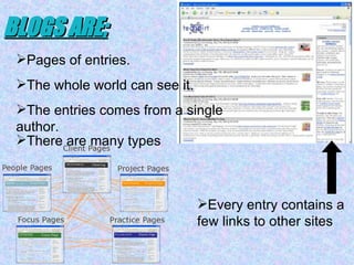 BLOGS ARE; P age s  of entries.  The whole world can see it. The entries comes from a single author. Every entry contains a few links to other sites There are many types 