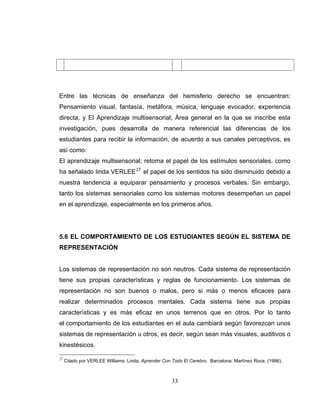 Entre las técnicas de enseñanza del hemisferio derecho se encuentran:
Pensamiento visual, fantasía, metáfora, música, lenguaje evocador, experiencia
directa, y El Aprendizaje multisensorial; Área general en la que se inscribe esta
investigación, pues desarrolla de manera referencial las diferencias de los
estudiantes para recibir la información, de acuerdo a sus canales perceptivos, es
así como:
El aprendizaje multisensorial; retoma el papel de los estímulos sensoriales, como
ha señalado linda VERLEE 27 el papel de los sentidos ha sido disminuido debido a
nuestra tendencia a equiparar pensamiento y procesos verbales. Sin embargo,
tanto los sistemas sensoriales como los sistemas motores desempeñan un papel
en el aprendizaje, especialmente en los primeros años.




5.6 EL COMPORTAMIENTO DE LOS ESTUDIANTES SEGÚN EL SISTEMA DE
REPRESENTACIÓN


Los sistemas de representación no son neutros. Cada sistema de representación
tiene sus propias características y reglas de funcionamiento. Los sistemas de
representación no son buenos o malos, pero si más o menos eficaces para
realizar determinados procesos mentales. Cada sistema tiene sus propias
características y es más eficaz en unos terrenos que en otros. Por lo tanto
el comportamiento de los estudiantes en el aula cambiará según favorezcan unos
sistemas de representación u otros, es decir, según sean más visuales, auditivos o
kinestésicos.

27
     Citado por VERLEE Williams. Linda, Aprender Con Todo El Cerebro. Barcelona: Martínez Roca. (1986).



                                                     33
 