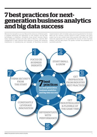 What are the real paths to success? Beyond the advances of Internet giants
in targeted advertising, the applications of new analytics and big data
technologies in enterprises consistently show proven business returns
today. Geolocation analysis and data resell in telecoms, customer 360°
management in retail, real-time fraud detection in banks and predictive
maintenance in manufacturing are examples of flourishing successful
7 best practices for next-
generationbusinessanalytics
and big data success
implementations with immediate value and strong potential for the future.
What are the common success factors? If every company and every
project has its own context, seven best practices often stand out. These
seven key approaches do not guarantee the success of every business
analytics and big data project, but greatly increase the probability of a
successful outcome.
7best
practices
for next-generation
business analytics
and big data success
GET
INSPIRATION
FROM INDUSTRY
BEST PRACTICES
FOCUS ON
BUSINESS
INSIGHTS
GET
INDUSTRIALIZED
& FLEXIBLE AT
THE SAME TIME
DIFFERENTIATE
WITH
PERFORMANCE
CONSTANTLY
LEVERAGE
INNOVATION
THINK SECURITY
FROM
THE START
START SMALL
& GROW
6Ascent / Next-generation business analytics & big data
 