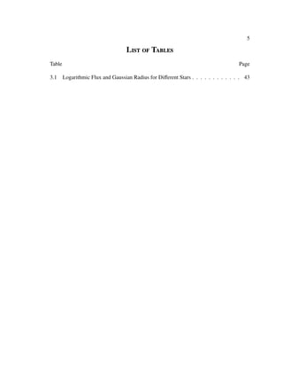 5
List of Tables
Table Page
3.1 Logarithmic Flux and Gaussian Radius for Diﬀerent Stars . . . . . . . . . . . . 43
 