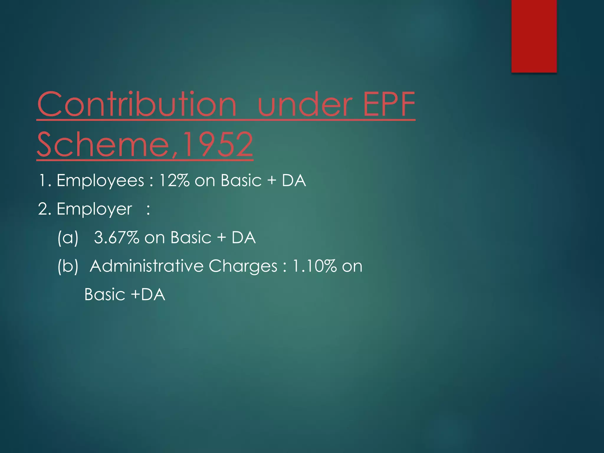 Contribution under EPF
Scheme,1952
1. Employees : 12% on Basic + DA
2. Employer :
(a) 3.67% on Basic + DA
(b) Administrative Charges : 1.10% on
Basic +DA
 