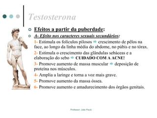 Professor: João Paulo
Testosterona
 Efeitos a partir da puberdade:
 A- Efeito nos caracteres sexuais secundários:
1- Estimula os folículos pilosos  crescimento de pêlos na
face, ao longo da linha média do abdome, no púbis e no tórax.
2- Estimula o crescimento das glândulas sebáceas e a
elaboração do sebo  CUIDADO COM A ACNE!
3- Promove aumento de massa muscular  deposição de
proteína nos músculos.
4- Amplia a laringe e torna a voz mais grave.
5- Promove aumento da massa óssea.
6- Promove aumento e amadurecimento dos órgãos genitais.
 