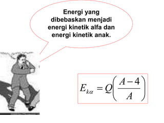Energi yang
dibebaskan menjadi
energi kinetik alfa dan
energi kinetik anak.





 

A
A
Q
Ek
4

 