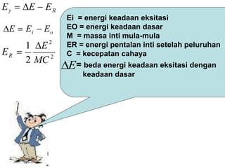 R
E
E
E 



o
i E
E
E 


2
2
2
1
MC
E
ER


Ei = energi keadaan eksitasi
EO = energi keadaan dasar
M = massa inti mula-mula
ER = energi pentalan inti setelah peluruhan
C = kecepatan cahaya
= beda energi keadaan eksitasi dengan
keadaan dasar
E

 