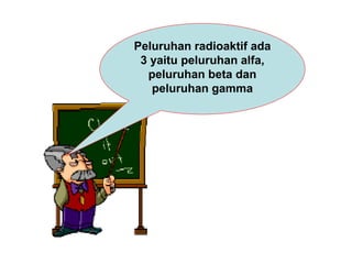 Peluruhan radioaktif ada
3 yaitu peluruhan alfa,
peluruhan beta dan
peluruhan gamma
 