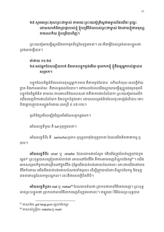 45
២៥ សូមអរ្រពះគុណ្រពះជាមា�ស់ តមរយៈ្រពះេយស៊ូ្រគិស�ជាអមា! ដូេច�ះ 
េដយសរគំនិត្របាជា�របស់ខ�ុំ ខ�ុំបេ្រមវិន័យរបស់្រពះជាមា�ស់ ែតេដយ
ខងេលកិយ ខ�ុំបេ្រមបាប
្រពះេយស៊ូអចេធ�ឲ្យេយងចកផុតពីវដ�ៃនទុក�េវទនា។ េនះគឺជាអ�ីែដល្រទង់មា
្រទង់អចេធ�ប
មា ៉ថា១១.២៨
២៨ អស់អ�កែដលេនឿយហត់ និងមានបន�ុកធ�ន់េអយ ចូរមករកខ�ុំ ខ�ុំនឹងឲ្យអ�ករល់គ
ស្រមា
បន�ុកែដលចិត�គំនិតរបស់មនុស្សមា�ក់ៗមាន គឺជាទម�ន់ៃ េហយកំហុស េសចក�ីភ័យ
ខ�ច និងភាពអ គឺជាលទ�ផលៃនបាប។ េនេពលែដលេយងព្យោយាមេធ�ឲ្យខ�ួនឯងរ
បន�ុកៃនចិត�គំនិត តមរយៈករេគារពវិន័យសសនា វគឺជាករ! ្រពះេយស៊ូអចេល
េយងេចញពីករងរដ៏លំបាក និងបន�ុកដ៏ធ�ន់េនាះ េដយសរ្រទង់មិនែដលចុះចញ់អំេ
បីជាធា�ប់្រត�វបានល្បួងក(េហ្របឹ៤.១៥-១៦)។
ចូរពិនិត្យេមលេឡងវិញេលអរិយសច�កន�ងមក
អរិយសច�ទីមួយ គឺ tuk ឬទុក�េវទនា
អរិយសច�ទីពីរ គឺ  samuthai ្របភព ឬបុព�េហតុៃនទុក�េវទនា ែដលេយងគិតថាជាក
បាប។
អរិយសច�ទីបី៖ nirod ឬ nirodha ែដលេចទជាសំណួ“េតេយង្រត�វរំលត់ទុក�យា៉ងដ
េម�ច?” ្រពះពុទ�បានបេ្រង�នជាសំខន់ថា េគាលេដៃនជីវិត គឺកច្បោប់ៃនក50
51
។ េយង
អចសេ្រមចកិច�ករជាេ្រចនេនក�ុងជីវិត ប៉ុែន�េយងបាត់បង់េគាលបំណងេនះ េទះ
ជីវិតក៏េដយ េយងនឹងបាត់បង់េគាលបំណងទំងមូល៖ េដម្បី្រត�វបានរំេដះពីច្បោប់ៃនក
េវទនាជាបន�ែដលកម�បណា�ល។ េនះគឺជាេសចក�ីពិតទ
អរិយសច�ទីបួន៖ mak ឬ moksa52
ែដលមានន័យថា ្របាកដជាមានវិធីេគចេចញ។ ្
មាន្រពះបន�ូលថា ្របាកដជាមានវិធីចកេចញពីទុក�េវទនាេនះ។ ឥឡូវេនះ វិធីែដល
51
ភាសៃថgot hang gum (ច្បោប់ៃនក)
52
ភាសសំ�ស�ឹតmoksha ឬ mukti
 