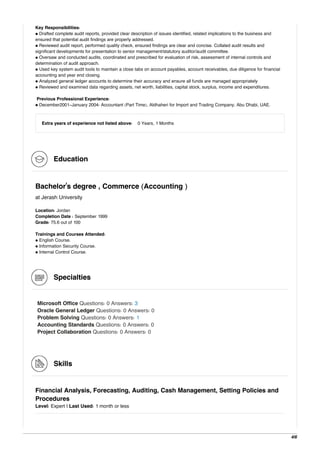 Key Responsibilities:
• Drafted complete audit reports, provided clear description of issues identified, related implications to the business and
ensured that potential audit findings are properly addressed.
• Reviewed audit report, performed quality check, ensured findings are clear and concise. Collated audit results and
significant developments for presentation to senior management/statutory auditor/audit committee.
• Oversaw and conducted audits, coordinated and prescribed for evaluation of risk, assessment of internal controls and
determination of audit approach.
• Used key system audit tools to maintain a close tabs on account payables, account receivables, due diligence for financial
accounting and year end closing.
• Analyzed general ledger accounts to determine their accuracy and ensure all funds are managed appropriately
• Reviewed and examined data regarding assets, net worth, liabilities, capital stock, surplus, income and expenditures.
Previous Professional Experience:
• December2001-January 2004: Accountant (Part Time), Aldhaheri for Import and Trading Company, Abu Dhabi, UAE.
Extra years of experience not listed above: 0 Years, 1 Months
Education
Bachelor's degree , Commerce (Accounting )
at Jerash University
Location: Jordan
Completion Date : September 1999
Grade: 75.6 out of 100
Trainings and Courses Attended:
• English Course.
• Information Security Course.
• Internal Control Course.
Specialties
Microsoft Office Questions: 0 Answers: 3
Oracle General Ledger Questions: 0 Answers: 0
Problem Solving Questions: 0 Answers: 1
Accounting Standards Questions: 0 Answers: 0
Project Collaboration Questions: 0 Answers: 0
Skills
Financial Analysis, Forecasting, Auditing, Cash Management, Setting Policies and
Procedures
Level: Expert | Last Used: 1 month or less
4/6
 