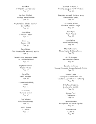 Kevin Kish
Bet Tzedek Legal Services
Page 52
Vandana Kripalani
Bombay Teen Challenge
Page 53
Meghan Lazier & Robin Newman
Say No More
Page 54
Laura Lederer
Centurion Global
Page 55
Jimmy Lee
Restore NYC
Page 56
	
Rachel Lloyd
Girls Educational & Mentoring Services
Page 57
	
Danielle Lohan & Amanda Weikel
The Samaritan Women
Page 58
	
Stephanie Lorenzo
Project Futures
Page 59
Diana Mao
Nomi Network
Page 60
	
Dr. Shawn MacDonald
Verite
Page 61
	
Ed Marcum
Humanity United
Page 62
Peter Mihaere
Stand Against Slavery
Page 63
	
Jessica Minhas
I’ll Go First
Page 64
Kenneth B. Morris Jr.
Frederick Douglass Family Initiatives
Page 65
Sarah Jane Murray & Benjamin Nolot
The Nefarious Trilogy
Page 66
	
Dr. Padmini Murthy
New York Medical College
Page 67
	
Brad Myles
Polaris Project
Page 68
John Nehme
Allies Against Slavery
Page 69
Michele Newsome
Florida Baptist Children’s Homes
Page 70
Lisa T.D. Nguyen
The Senhoa Foundation
Page 71
Consolee Nishimwe
Rwandan Genocide Survivor, Author & Activist
Page 72
Yvonne O’Neal
Episcopal Diocese of New York
Task Force Against Human Trafficking
Page 73
	
Emily Pasnak-Lapchick
U.S. Fund for UNICEF
Page 74
	
Morgan Perry
Exodus Cry
Page 75
	
Gerardo Porteny
Young Minds for Gender Equality
Page 76
	
Andrea Powell
FAIR Girls
Page 77
 