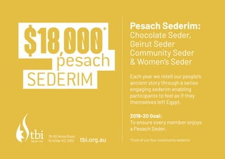 Pesach Sederim:
Chocolate Seder,
Geirut Seder
Community Seder
 Womens Seder
Each year we retell our peoples
ancient story through a series
engaging sederim enabling
participants to feel as if they
themselves left Egypt.
2019-20 Goal:
To ensure every member enjoys
a Pesach Seder.
*Cost of our four community sederim
SEDERIM
$18,000*
pesach
tbi.org.au
76-82 Alma Road,
St Kilda VIC 3182
 